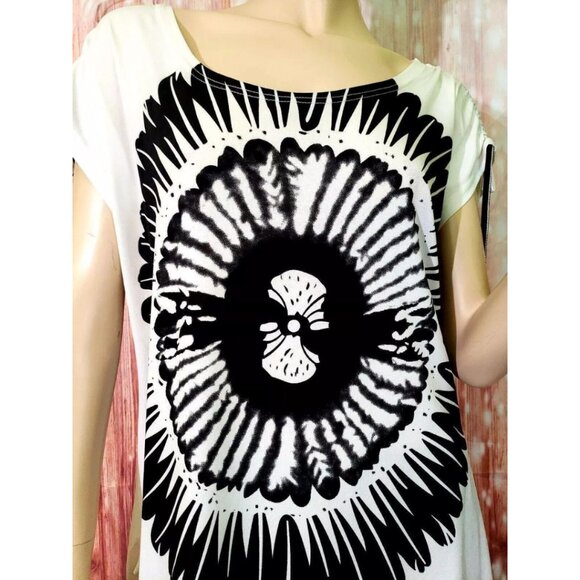 Emilio Pepe Italy Graphic Flower Asymmetrical Hem Adjustable Short Sleeve Top L - Picture 2 of 16